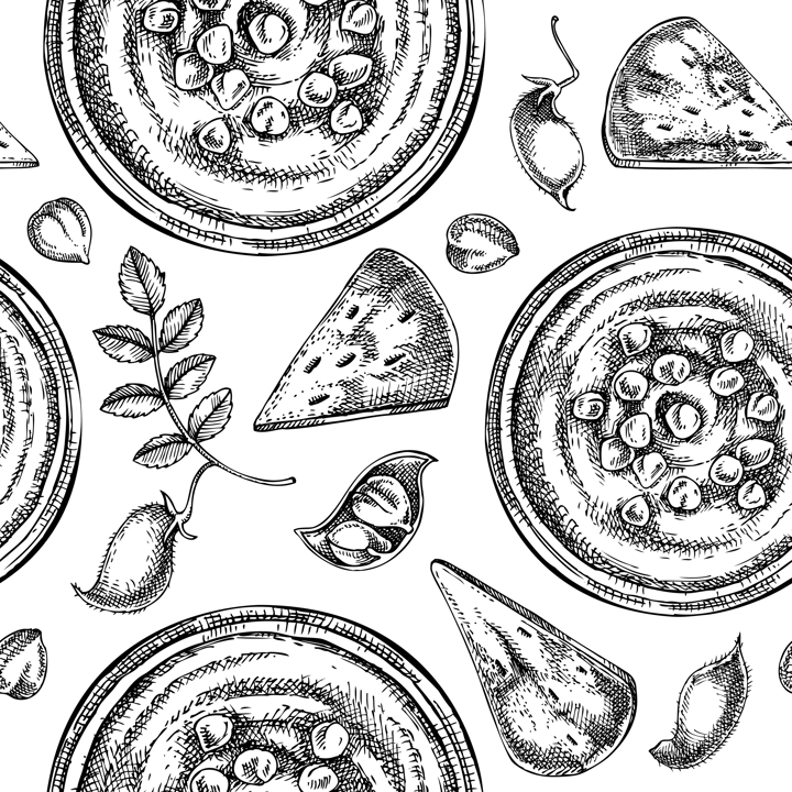 Hummus seamless pattern. Mediterranean food, ingredients, plants, pita sketches. Vegan food background. Hand-drawn hummus in plate, pita, and chickpeas for menu, recipe, or packaging